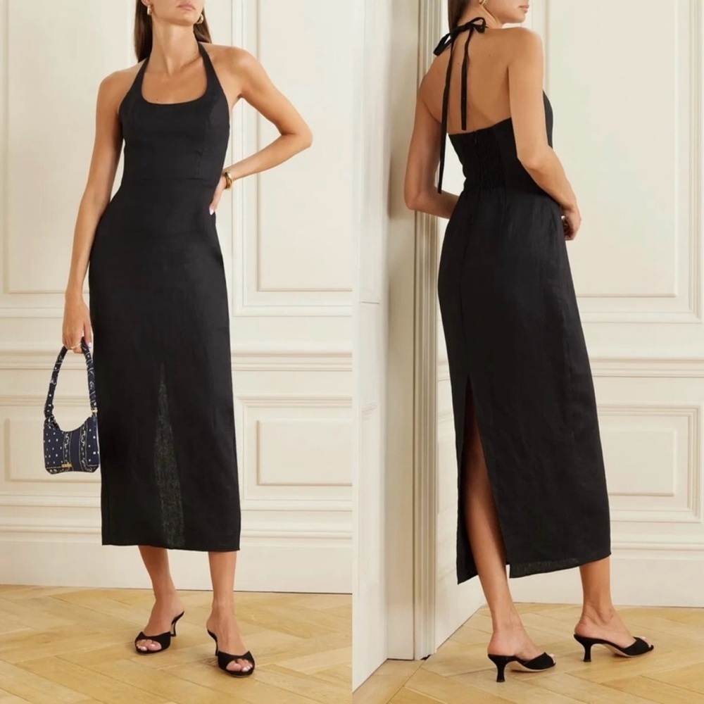 Reformation Midi Dress Black Yana Linen Halter Womens Size 12 NWT Minimalist